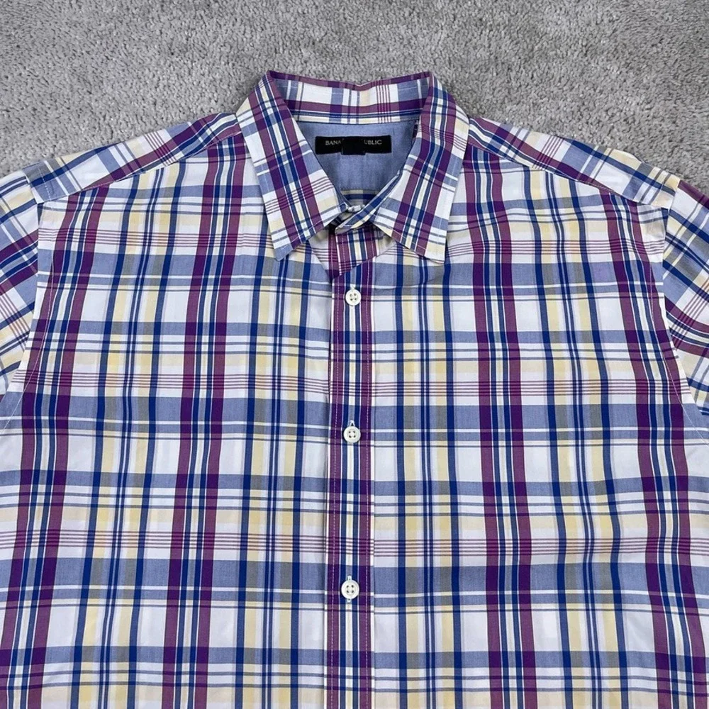 Banana Republic Shirt Mens Large Purple Plaid Soft‎ Wash Button Up Business